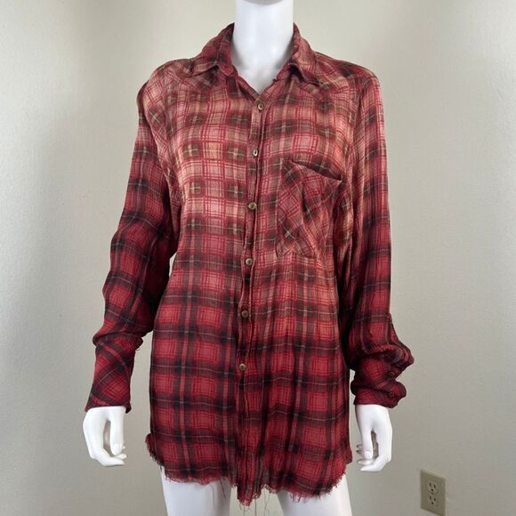 Free People Womens Size XS Red Festival Plaid Distressed Button Up High Low Top - Picture 9 of 14